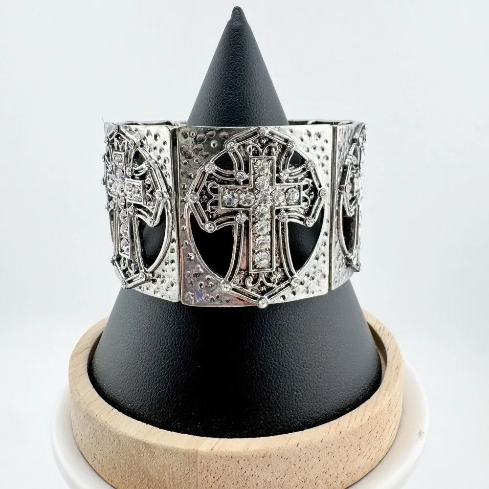Vintage Silver Rhinestone Cross Stretch Bracelet Gothic Western Faith Chunky